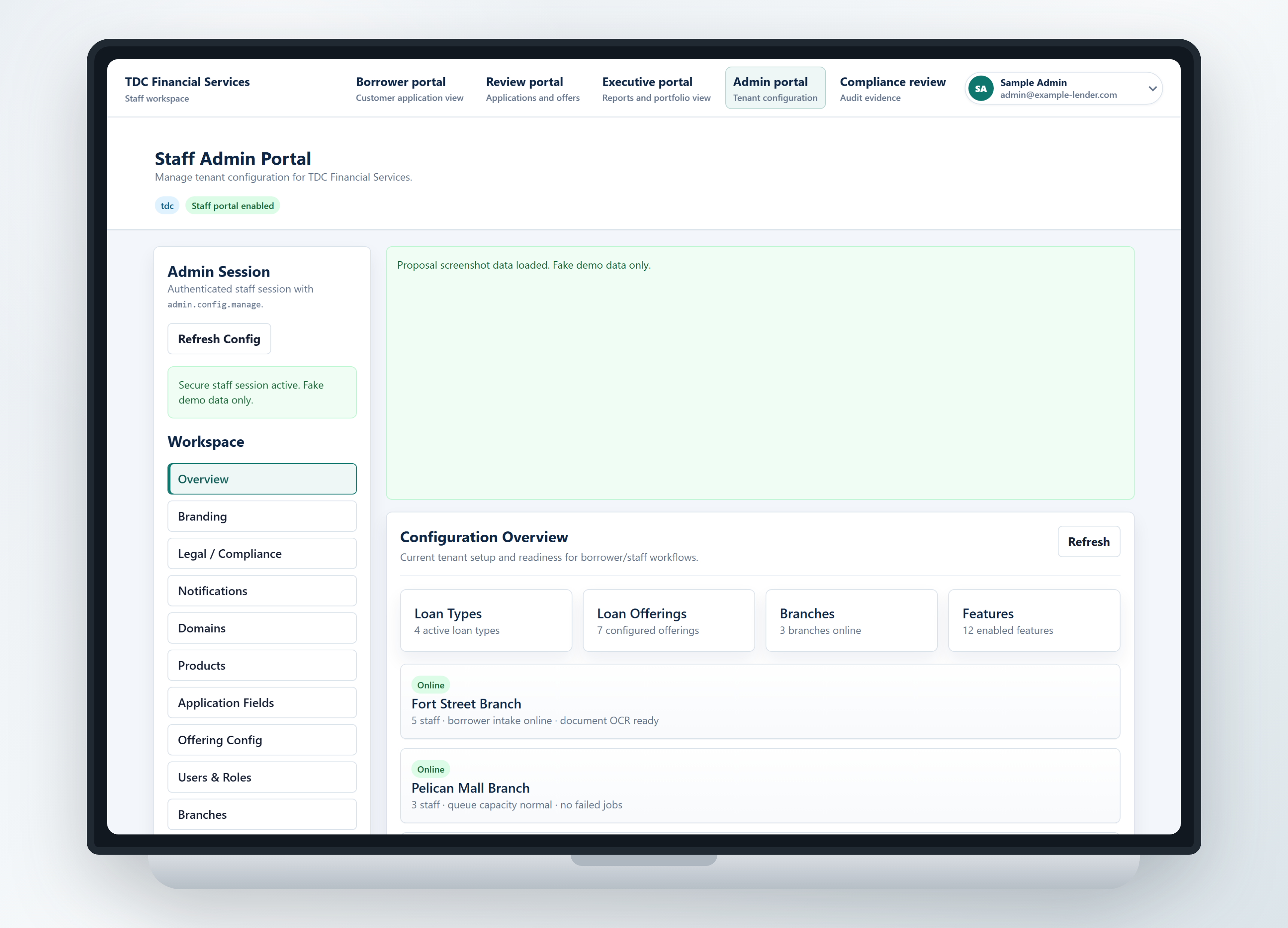 Admin dashboard showing tenant settings and configuration