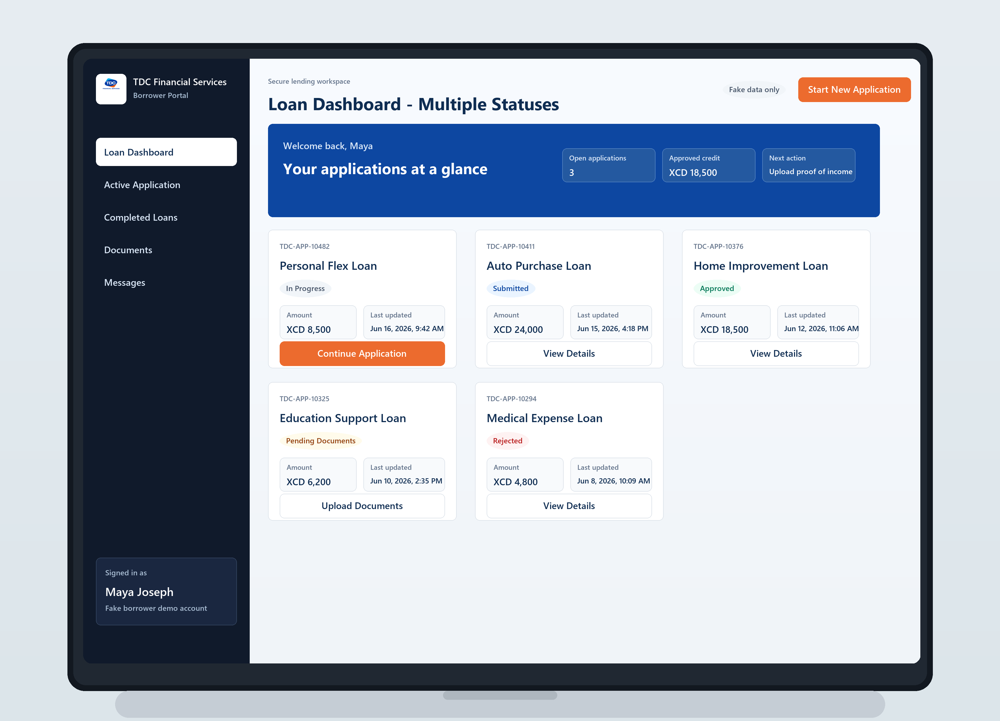 Borrower dashboard showing multiple loan application statuses