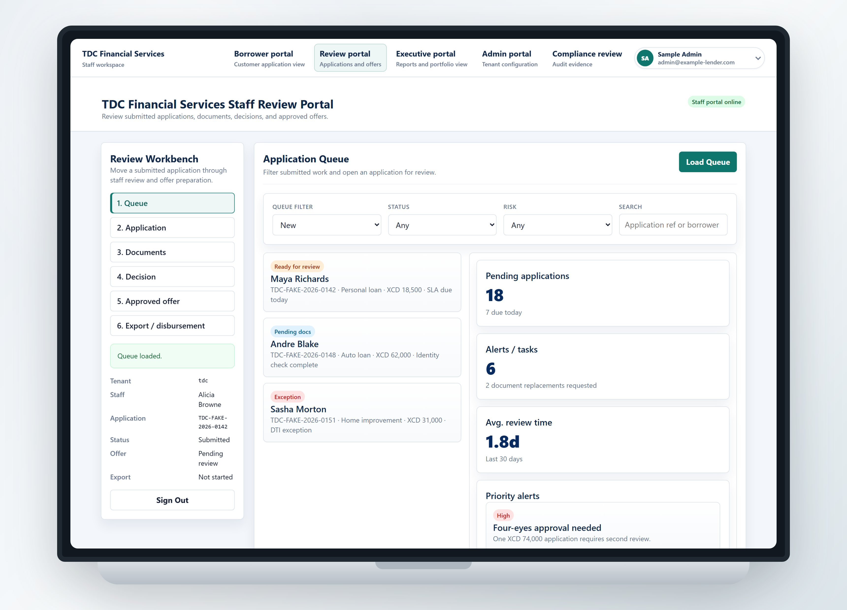 Application queue showing lending applications and filters