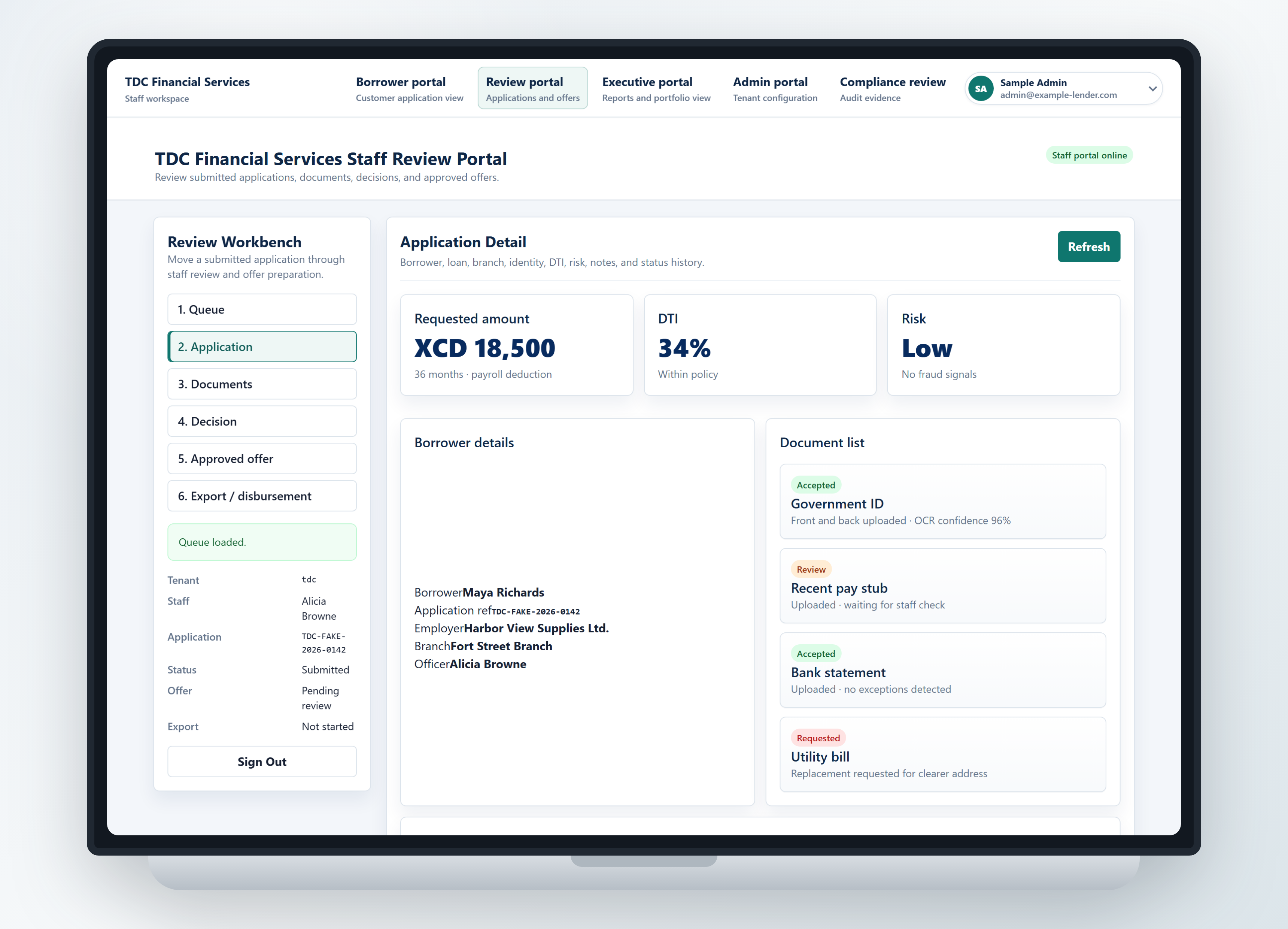 Application review workspace showing borrower details and loan information